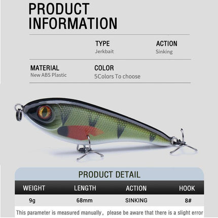 Leurre de pêche Jerkbait à immersion lente de 68 mm