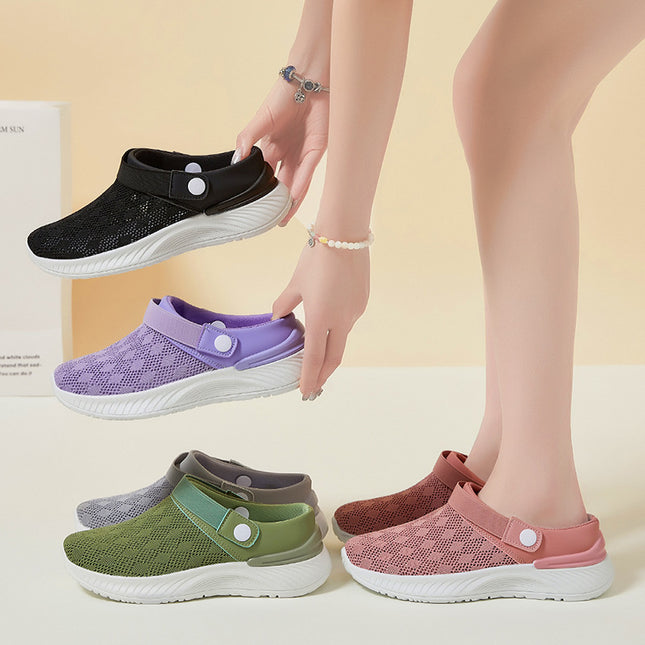 Sandales en maille pour femmes, pantoufles paresseuses respirantes d'été, chaussures à bout rond et demi-glissantes