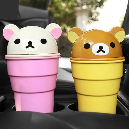 Cute Cartoon Bear Car Trash Can with Rolling Cover - Wnkrs