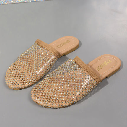 Sandalias transparentes con punta hueca y diamantes de imitación para mujer, zapatillas de verano a la moda para exteriores, zapatos planos