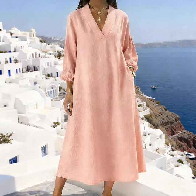 Robe décontractée pour femme, coupe droite, manches longues et col en V, disponible en plusieurs couleurs