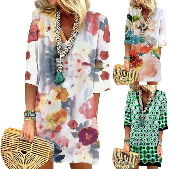 Robe à manches mi-longues avec imprimé petites fleurs aquarelles