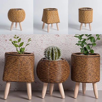 Elegant Nordic-Style Woven Plant Stand with Wooden Legs - Wnkrs