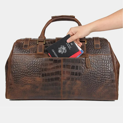 Vintage Crocodile Pattern Genuine Leather Travel Duffle Bag with Lock and Key