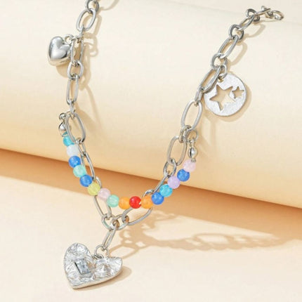 Chic Double Layer Pearl and Metal Necklace with Colorful Love Pendant - Wnkrs