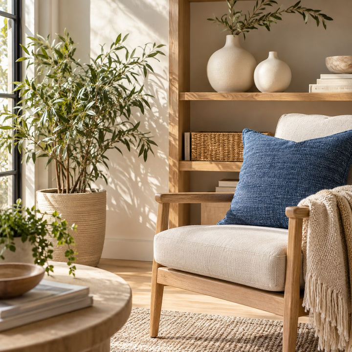 Comfortable home corner with oak shelving and blue cushion