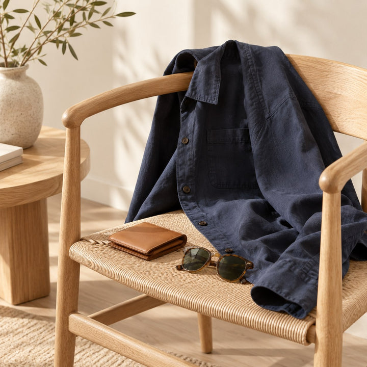 Navy overshirt with a wallet and sunglasses