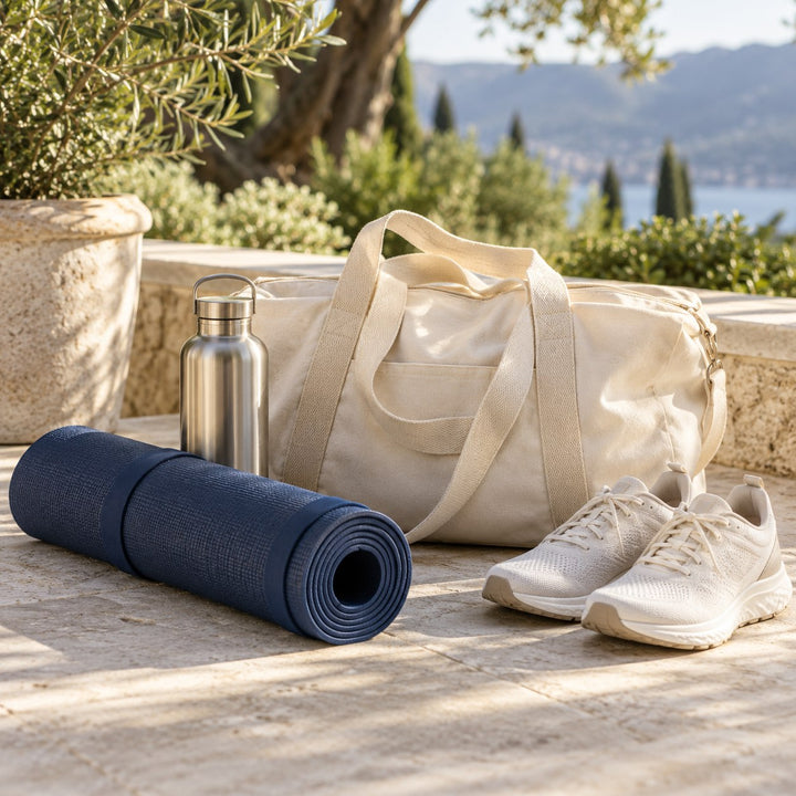 Exercise mat, sports bag and shoes ready for an active day