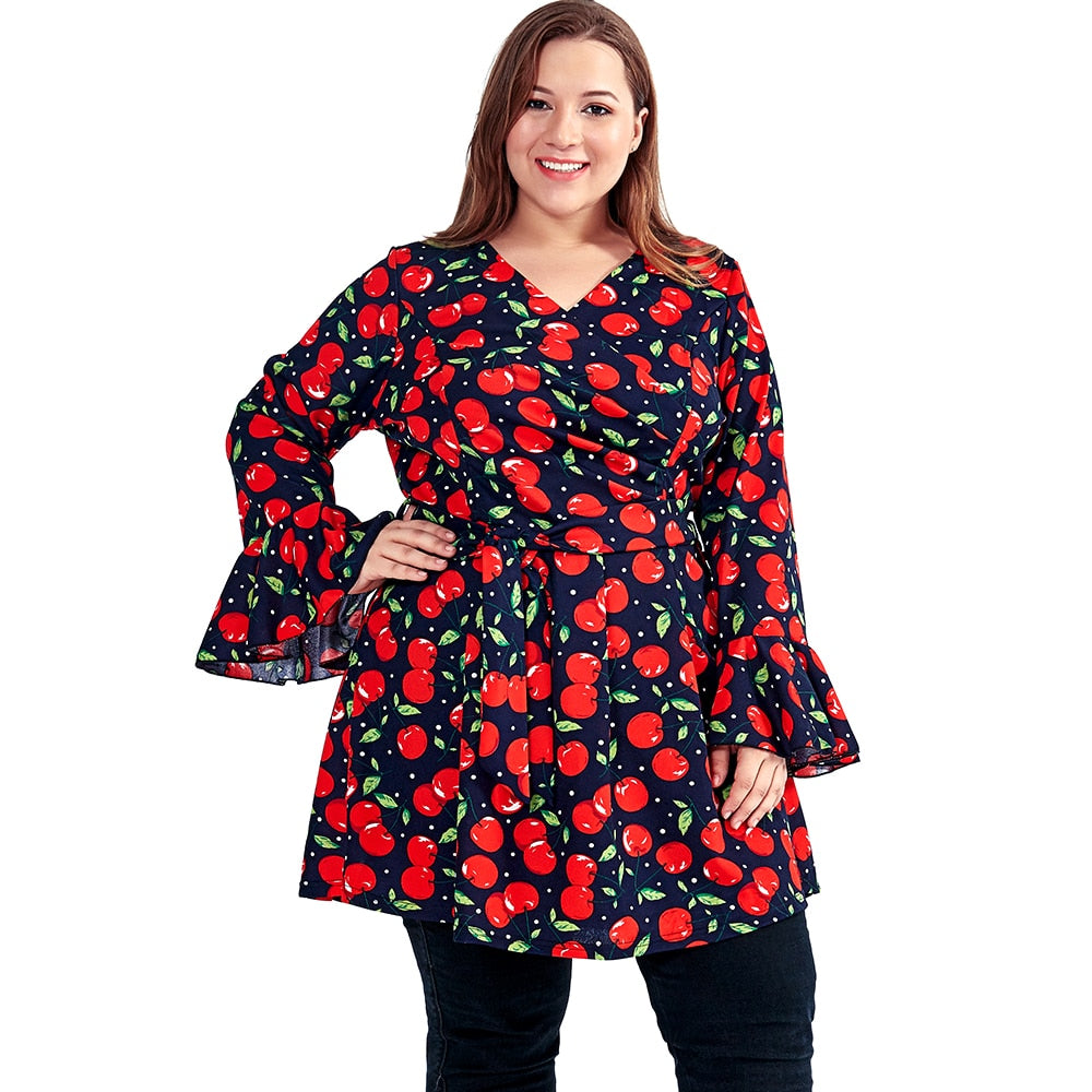 Women's Casual Long Blouse with Cherry Print