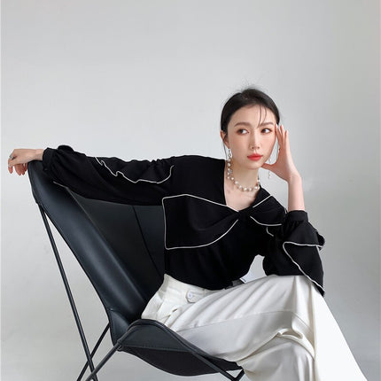 Black Ruffle Bow Blouse - Wnkrs