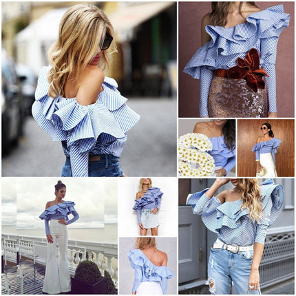 Women's Blue-White striped One Shoulder Blouse - Wnkrs