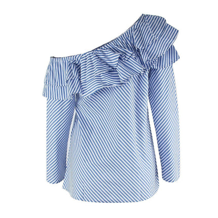 Women's Blue-White striped One Shoulder Blouse - Wnkrs