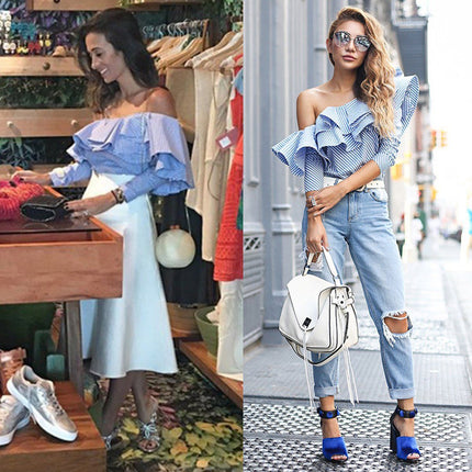Women's Blue-White striped One Shoulder Blouse - Wnkrs