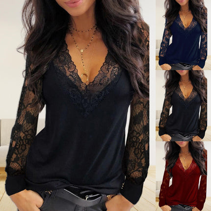 Women's Lace Deep V Neck Long Sleeved Shirt - Wnkrs