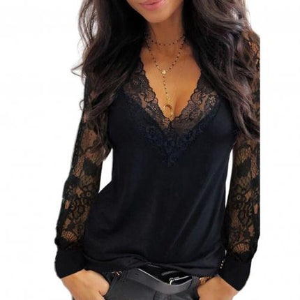 Women's Lace Deep V Neck Long Sleeved Shirt - Wnkrs