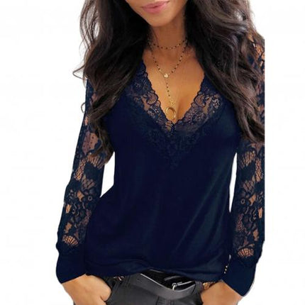Women's Lace Deep V Neck Long Sleeved Shirt - Wnkrs
