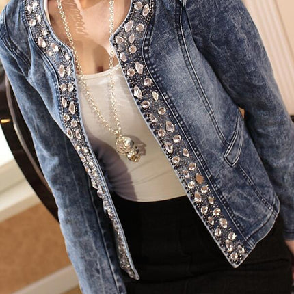 Stylish Denim Blazer with Rhinestones - Wnkrs