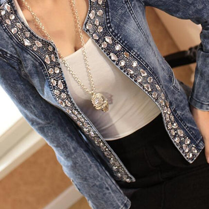 Stylish Denim Blazer with Rhinestones - Wnkrs