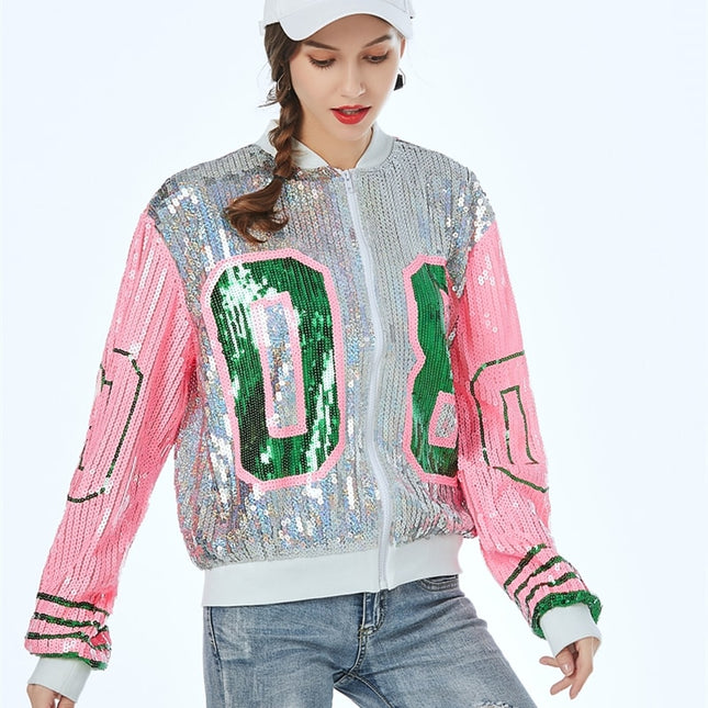 Women's Retro Style Sequined Bomber Jacket - Wnkrs