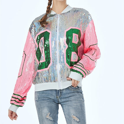 Women's Retro Style Sequined Bomber Jacket - Wnkrs