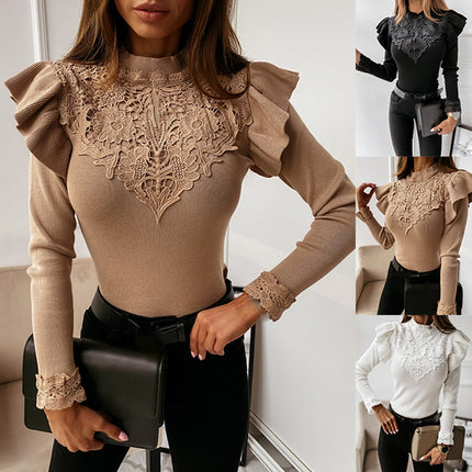 Women's Long Sleeved Ruffled Lace Patchwork Blouse - Wnkrs