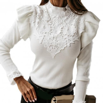 Women's Long Sleeved Ruffled Lace Patchwork Blouse - Wnkrs
