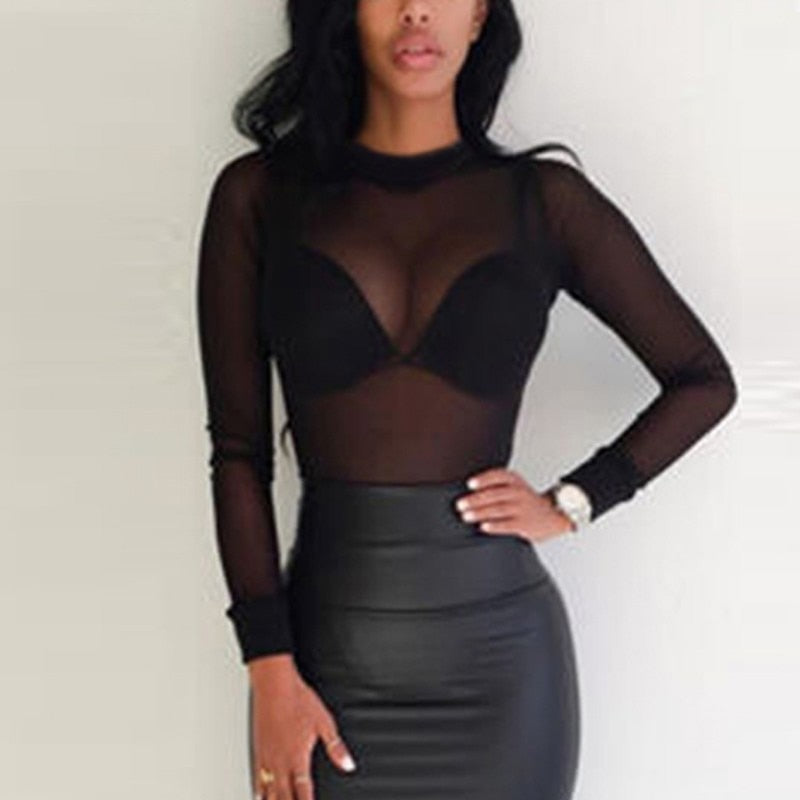 Women's Mesh Stand Neck Long Sleeved Top