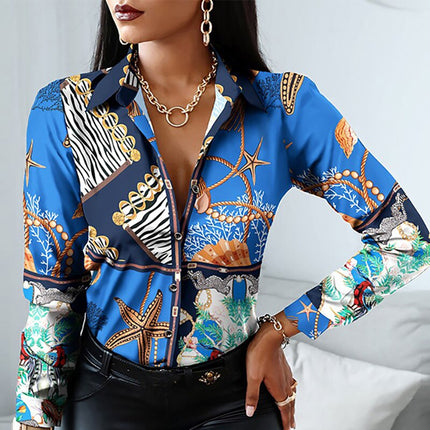 Women's Turn Down Collar Top with Vintage Print - Wnkrs