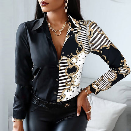 Women's Turn Down Collar Top with Vintage Print - Wnkrs