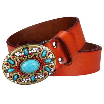 Women's Genuine Leather Belt with Mosaic Turquoise Buckle - Wnkrs
