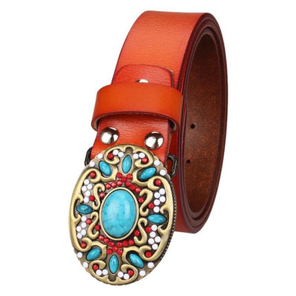 Women's Genuine Leather Belt with Mosaic Turquoise Buckle - Wnkrs