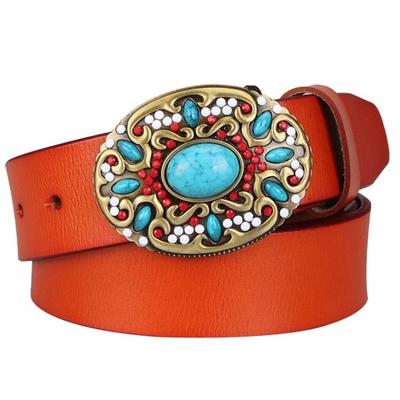 Women's Genuine Leather Belt with Mosaic Turquoise Buckle - Wnkrs