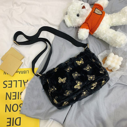 Women's Plush Handbag with Butterfly Print - Wnkrs