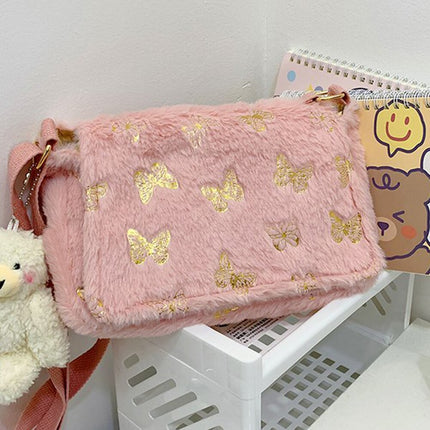 Women's Plush Handbag with Butterfly Print - Wnkrs