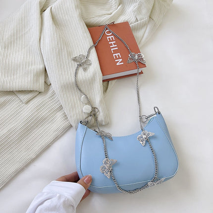 Women's Pure Color Mini Shoulder Bag with Butterfly Chain - Wnkrs