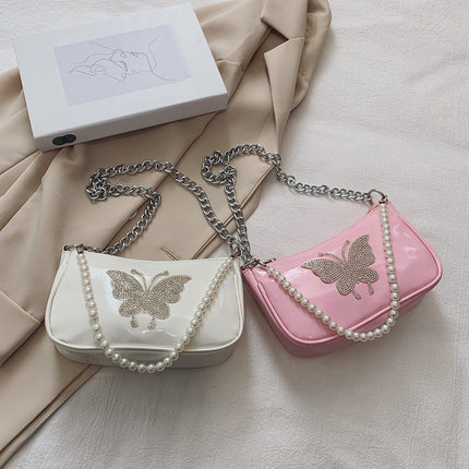 Women's Butterfly Mini Hobo Bag with Metal / Pearl Mini Strap - Wnkrs