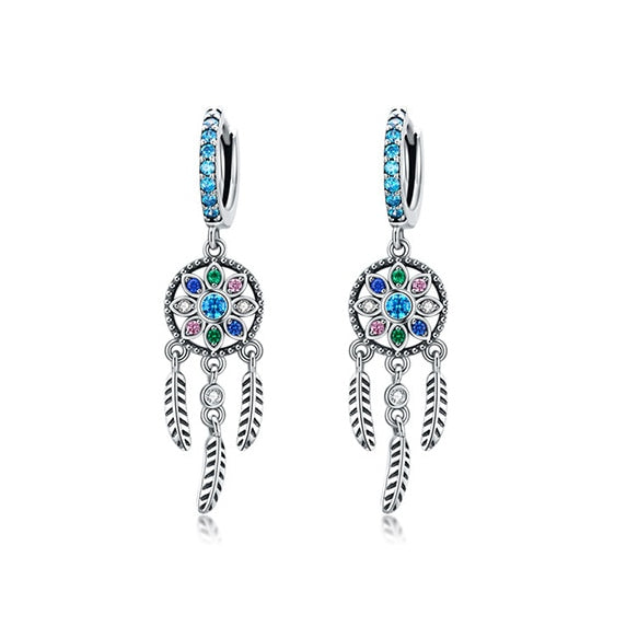 Women's Sterling Silver Bohemian Dream Catcher Shaped Drop Earrings