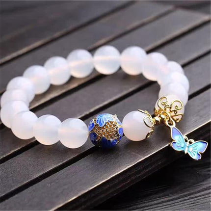 White Agate Beaded Bracelet with Butterfly Pendant - wnkrs