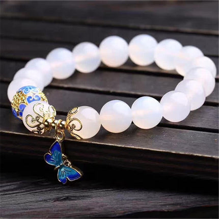 White Agate Beaded Bracelet with Butterfly Pendant - wnkrs