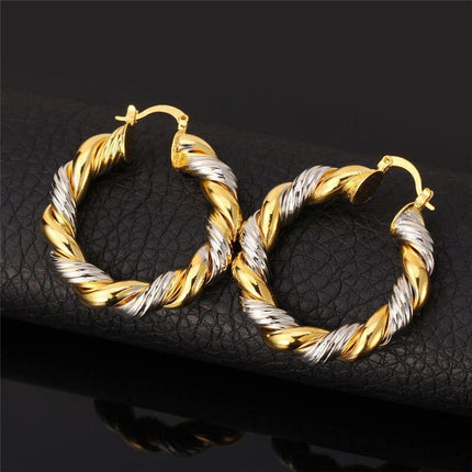 Two-Tone Braided Design Women's Hoop Earrings - wnkrs