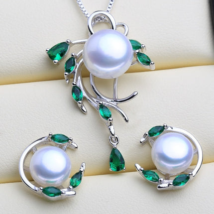 Green Stones 925 Silver Pearls Women's Jewelry 4 pcs Set - Wnkrs