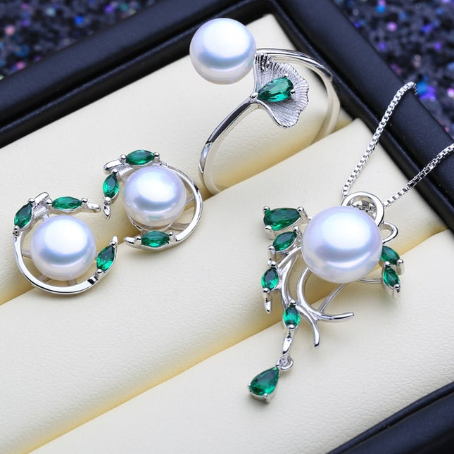 Green Stones 925 Silver Pearls Women's Jewelry 4 pcs Set - Wnkrs