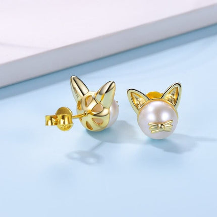 Cute Cat Design Natural Pearl Women's Stud Earrings - Wnkrs