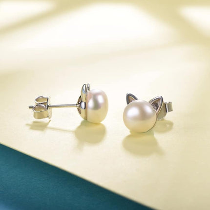 Cute Cat Design Natural Pearl Women's Stud Earrings - Wnkrs