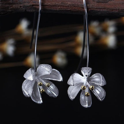 Ethnic Long Flower Shaped Silver Drop Earrings - Wnkrs