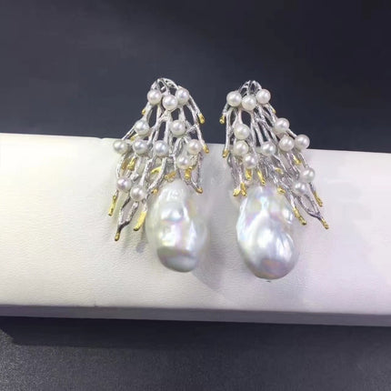 Baroque Natural Pearl 925 Silver Coral Design Earring For Women - Wnkrs