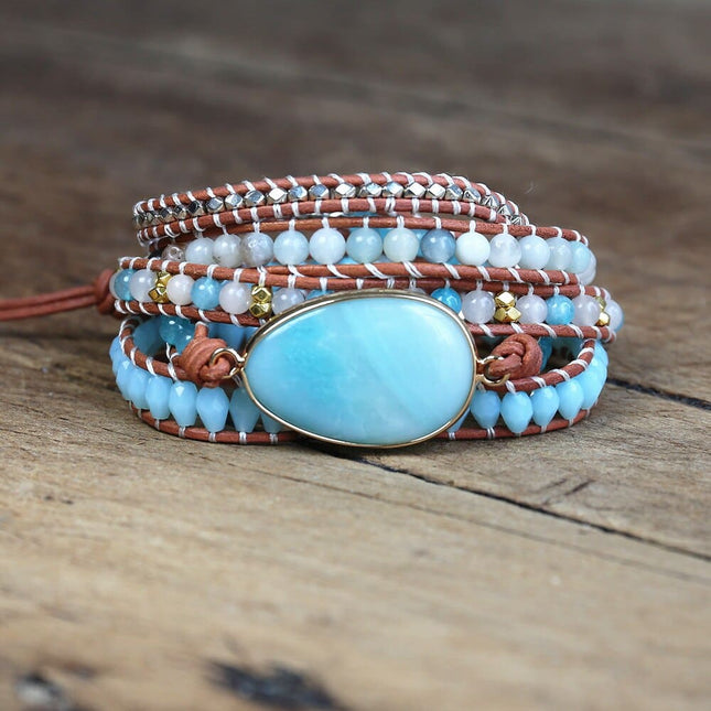 Amazonite Stone 5 Strand Leather Wrap Bracelet - Wnkrs