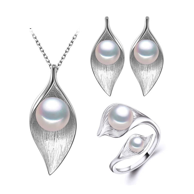 Leaves Shaped 925 Silver Pearls Women's Jewelry 4 pcs Set - Wnkrs