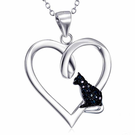 Romantic Heart & Cat Shaped Silver Women's Necklace - wnkrs