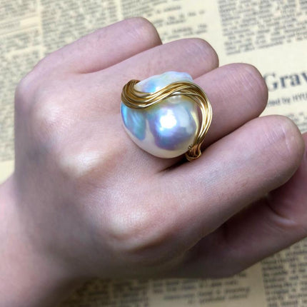 Baroque Handmade Natural Freshwater White Pearl Ring for Women - Wnkrs
